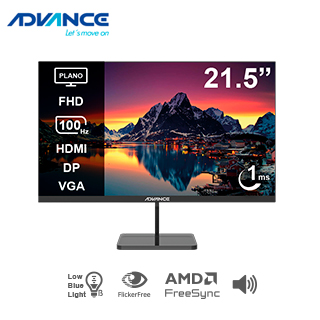 Monitor plano ADVANCE ADV-2152S 21.5″ FHD IPS 100Hz 1ms HDMI DP VGA PARLANTES negro